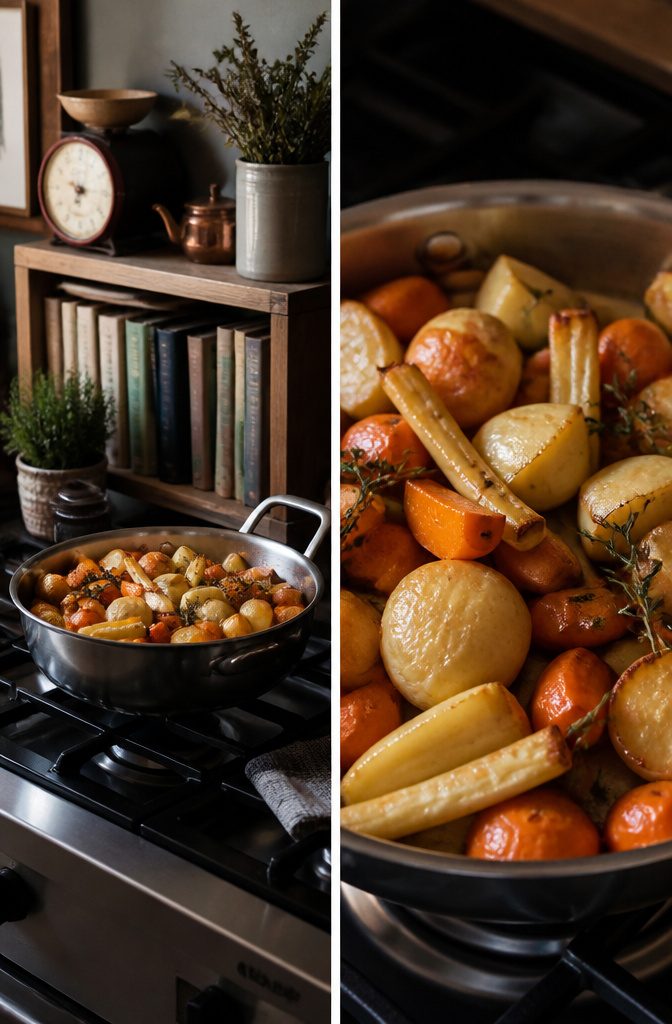 A pan of roasted frost-sweetened vegetables, ready for serving.