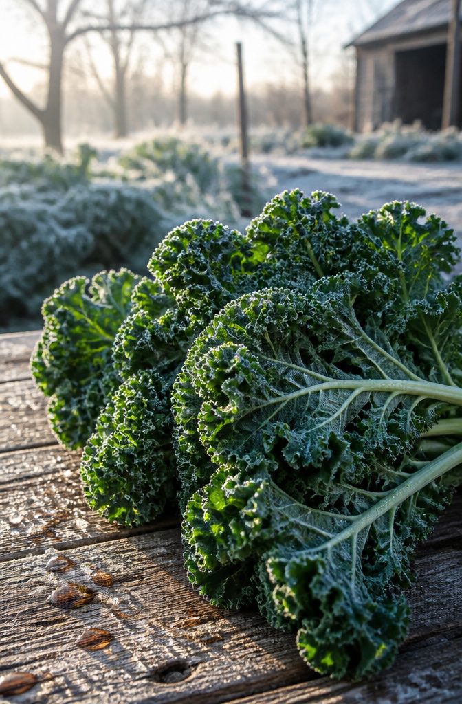 Close-up of kale leaves after frost, showcasing their vibrant color.