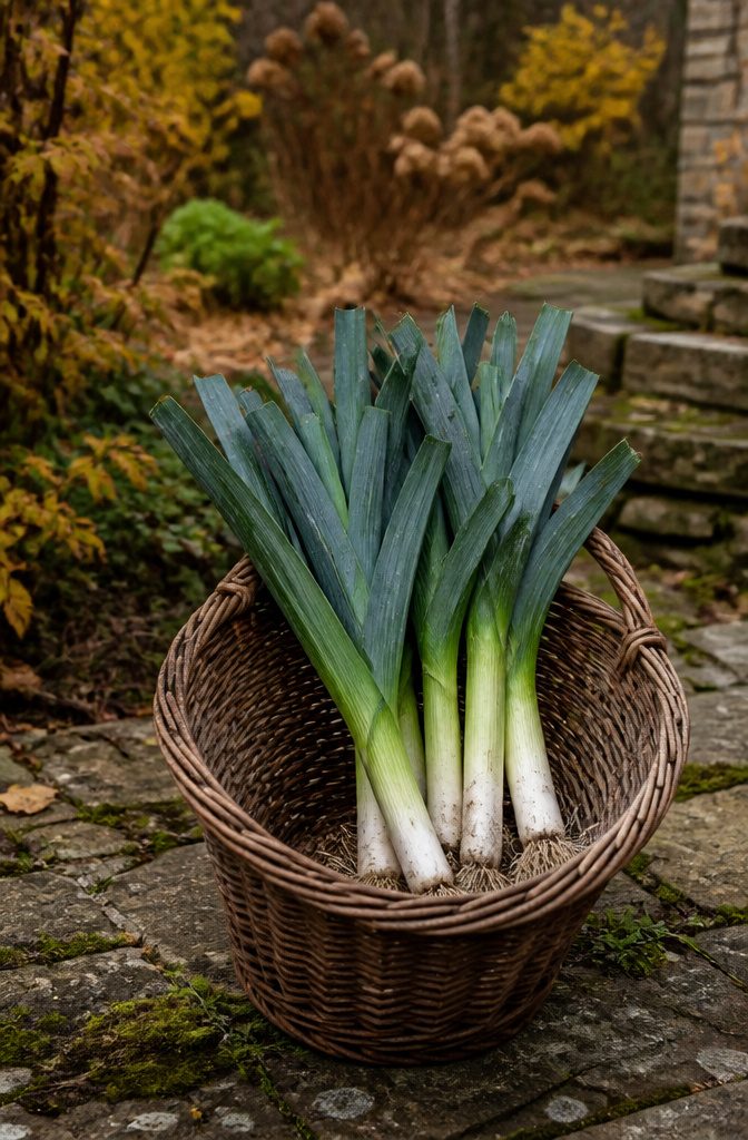 A well-rounded leek standing upright in a rustic basket.
