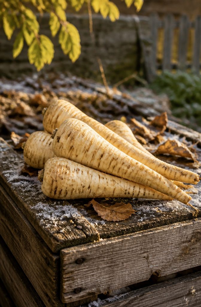 A cluster of parsnips in the ground after frost exposure.