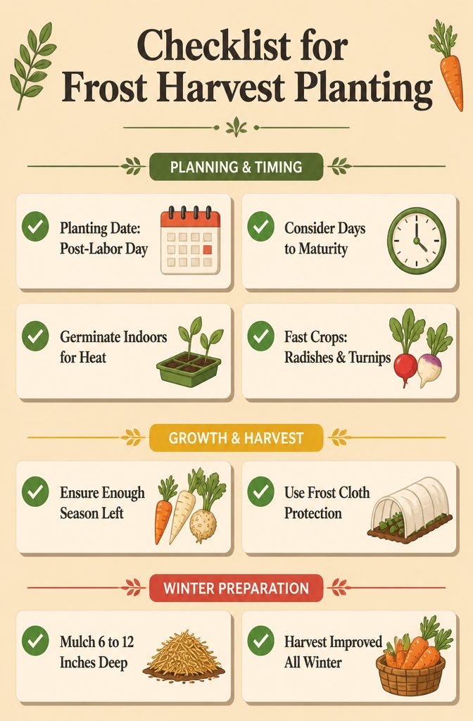 A checklist for planting crops for a frost harvest.