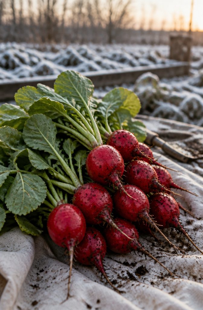 A bunch of radishes with dirt still on them, freshly pulled from the ground.