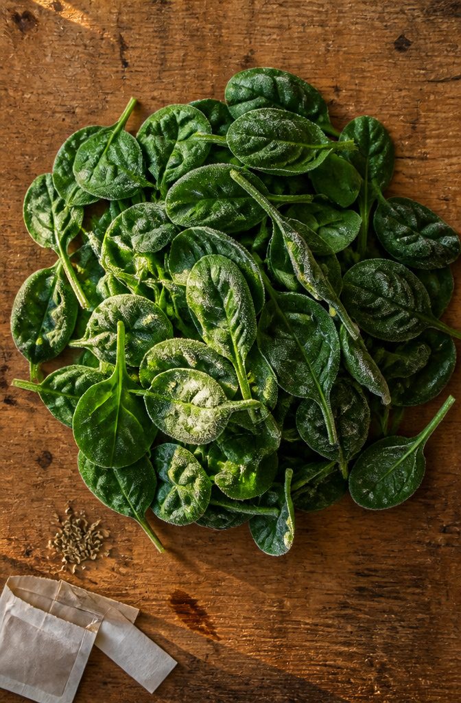 A bed of spinach plants with frost on their leaves.