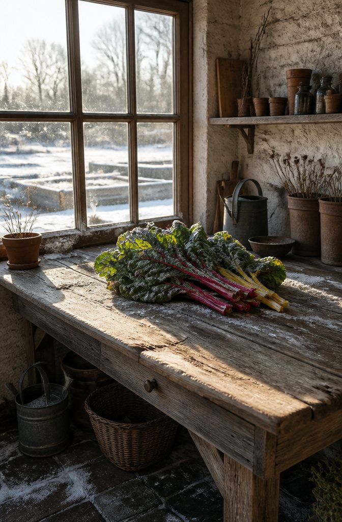 A bunch of Swiss chard with colorful stems in a garden setting.