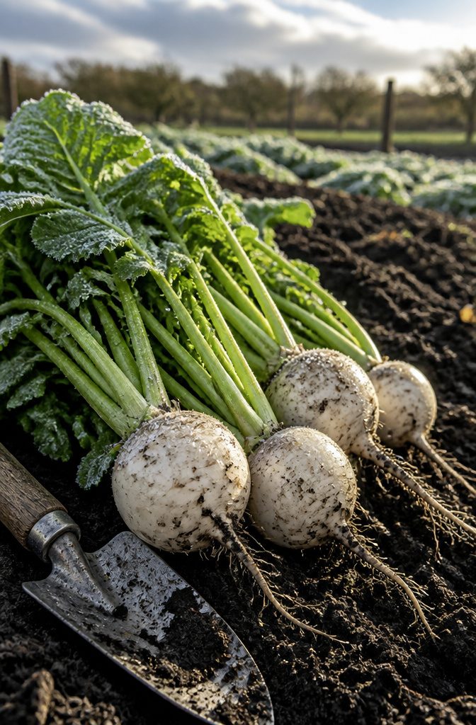 A cluster of turnips in the ground after frost exposure.