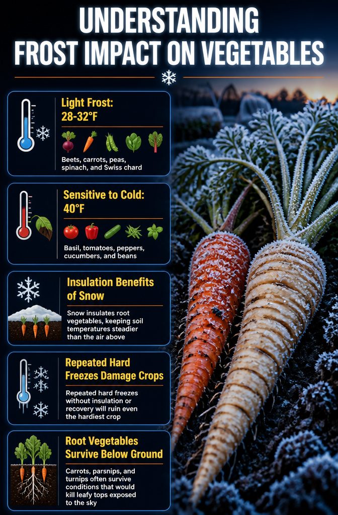 An informative image about frost impact on various vegetables.