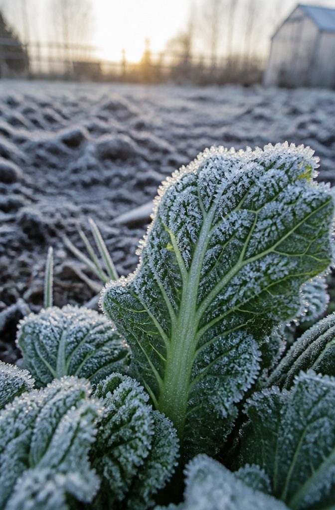 Frost-covered leaf with visible veins and frost-bitten soil in background.