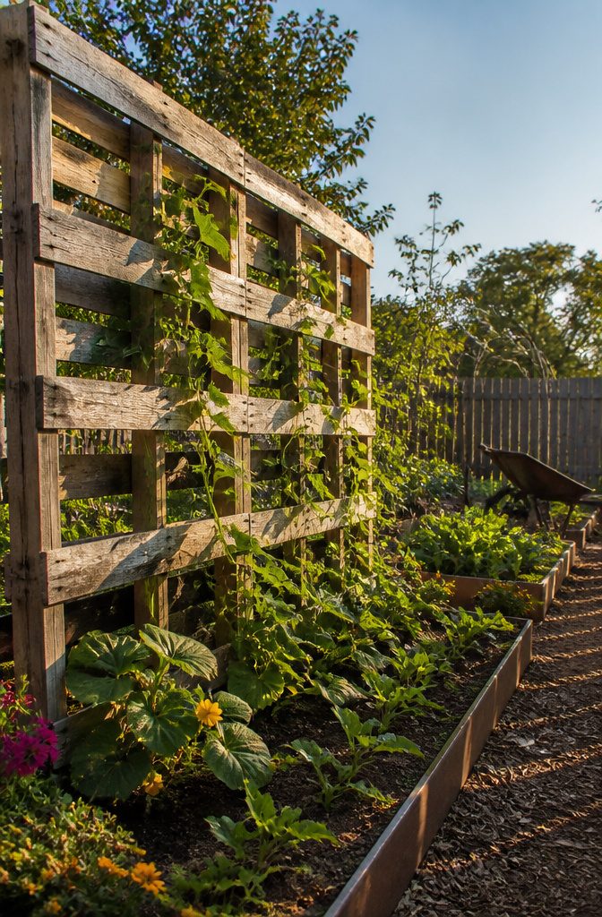 Vertical Vegetable Gardening: A Field Guide to Growing Produce Upward 14 Pallet trellis system supporting climbing plants.