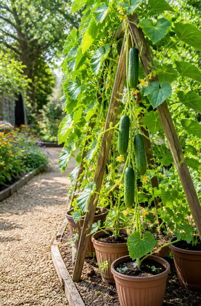 Vertical Vegetable Gardening: A Field Guide to Growing Produce Upward 2 Cucumbers climbing on a rustic A-frame trellis with green leaves.