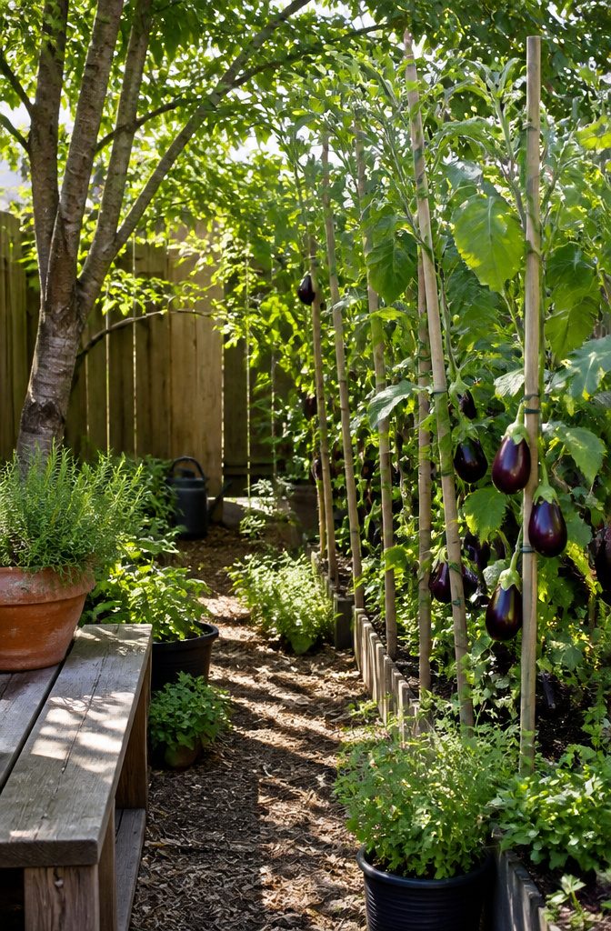 Compact eggplants growing upright with stakes.