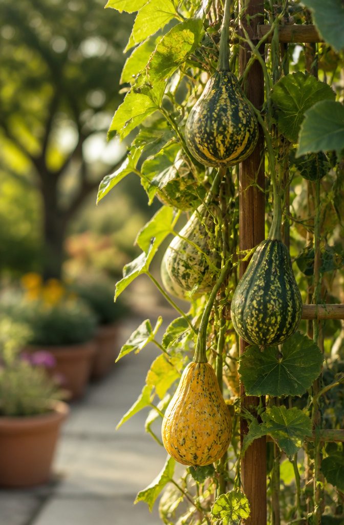 Vertical Vegetable Gardening: A Field Guide to Growing Produce Upward 9 Gourds climbing a trellis, showcasing their long vines.