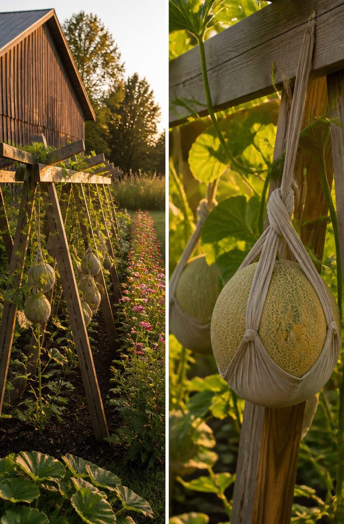 Vertical Vegetable Gardening: A Field Guide to Growing Produce Upward 6 Personal-size melons climbing on a trellis.