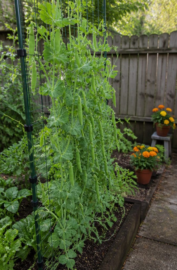 Vertical Vegetable Gardening: A Field Guide to Growing Produce Upward 3 Green pods of shelling peas hanging from a trellis.