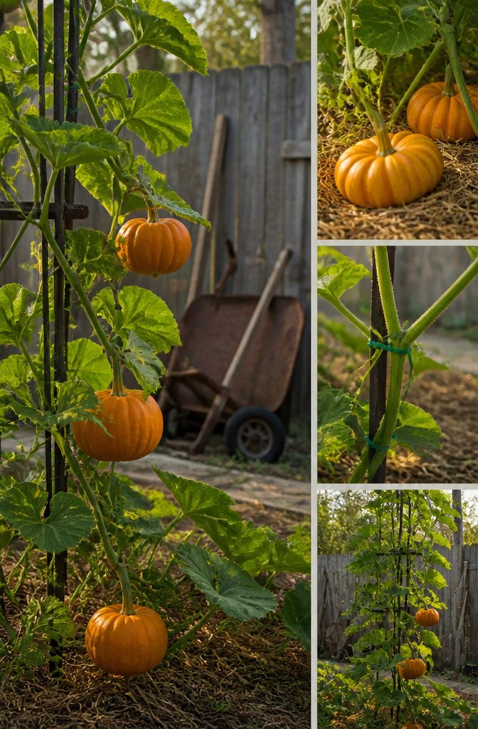 Vertical Vegetable Gardening: A Field Guide to Growing Produce Upward 8 Small pumpkins growing on a trellis with support ties.
