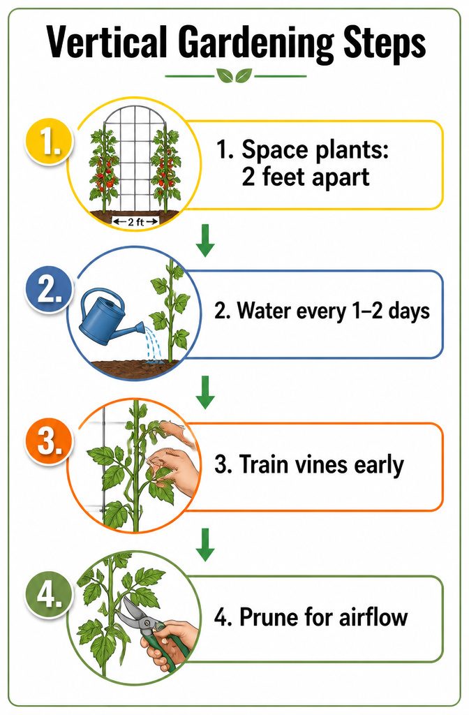 Steps for spacing and training plants in vertical gardening.