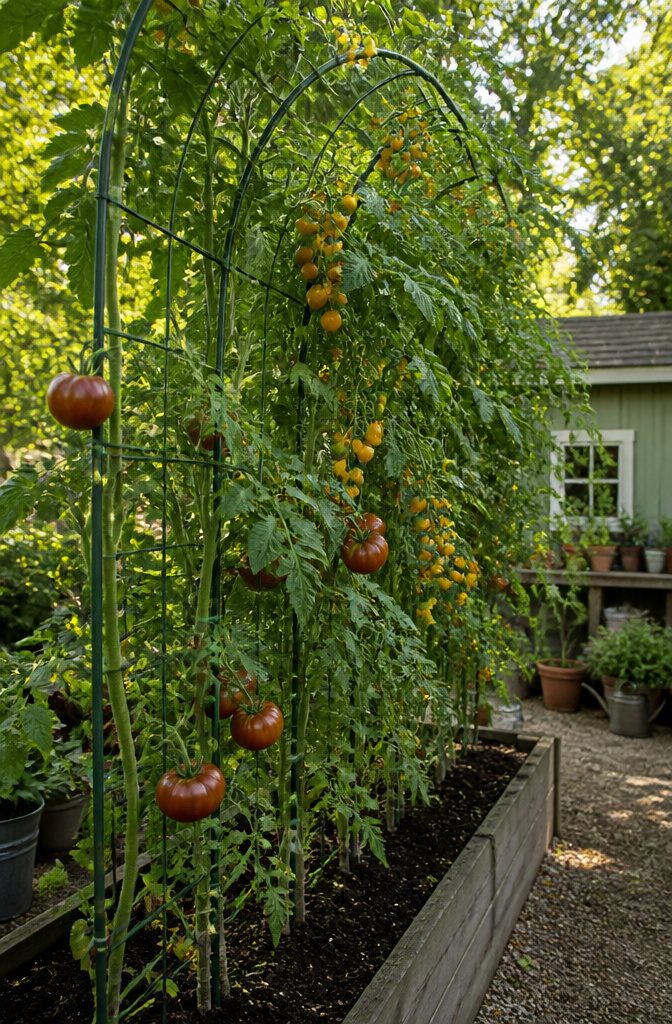 Vertical Vegetable Gardening: A Field Guide to Growing Produce Upward 1 Tall indeterminate tomatoes growing on a sturdy trellis.