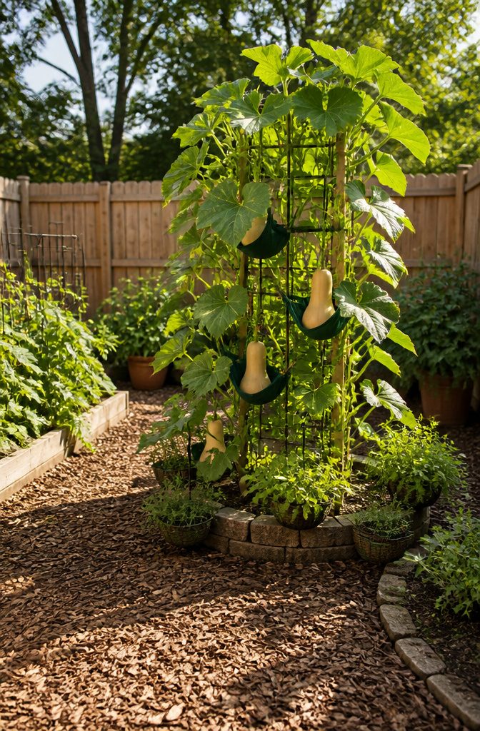Vining squash plants on a trellis with fabric slings.