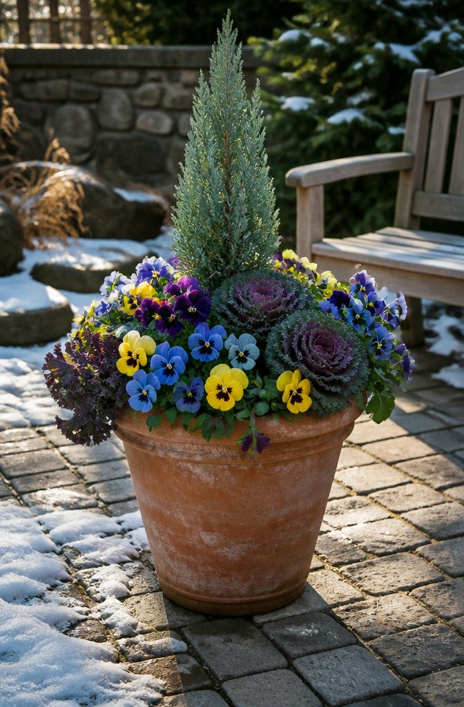 Why Thrillers, Spillers and Fillers Works for Winter Containers 3 A collection of pansies and ornamental kale surrounding a tall plant.