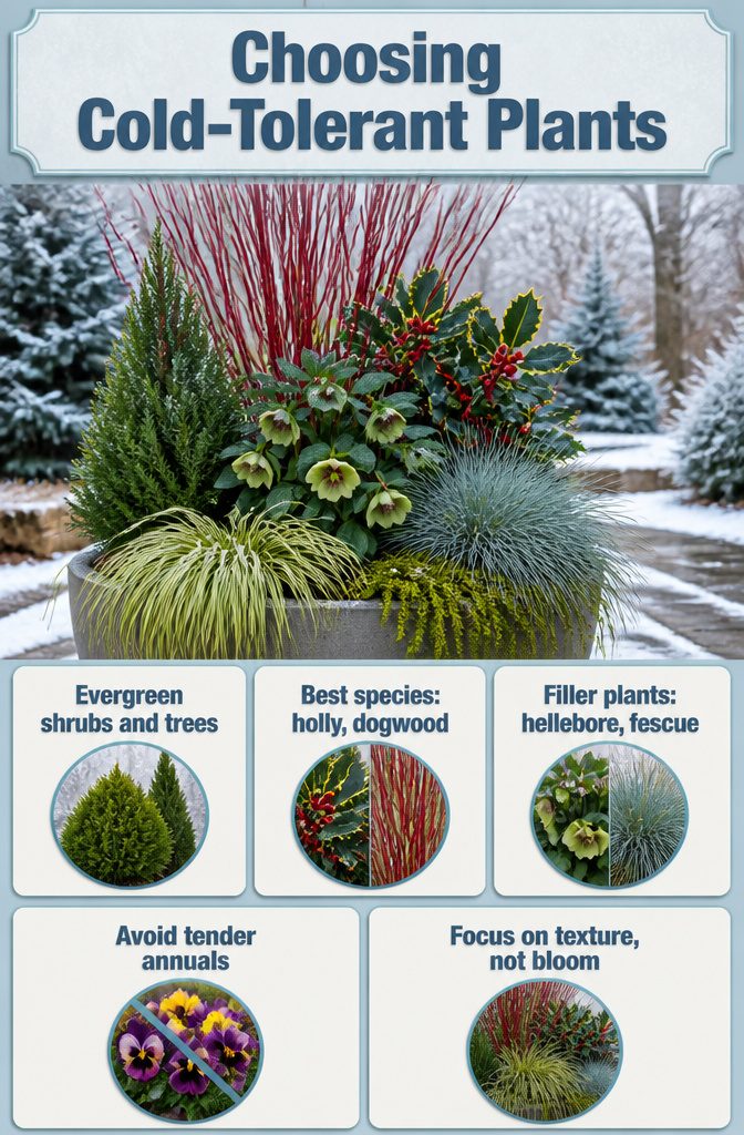 Why Thrillers, Spillers and Fillers Works for Winter Containers 5 A display of cold-tolerant evergreen plants in a winter container.