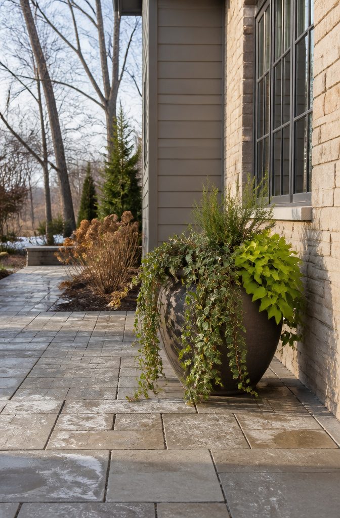 Why Thrillers, Spillers and Fillers Works for Winter Containers 4 Ivy and creeping jenny spilling over the edge of a winter container.