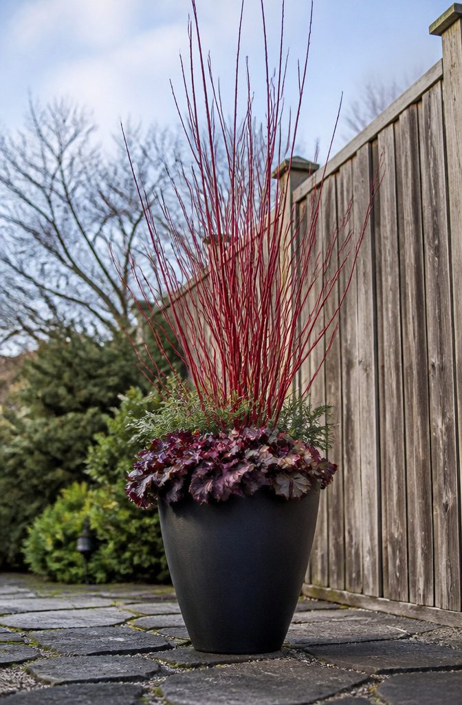 Why Thrillers, Spillers and Fillers Works for Winter Containers 2 Tall purple fountain grass positioned in the center of a winter container.