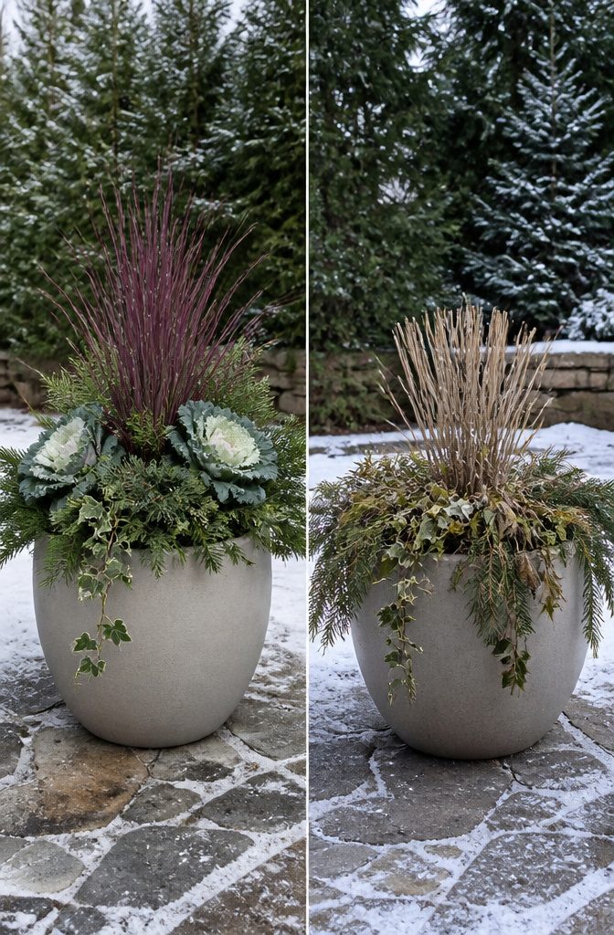 Why Thrillers, Spillers and Fillers Works for Winter Containers 1 A winter arrangement with boughs cut to the same height in a pot.