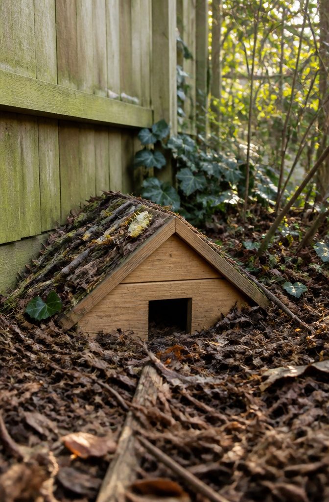 Wildlife Garden Project: 15 Practical Ideas for 2026 3 A hedgehog house made of wood, surrounded by leaves and twigs.