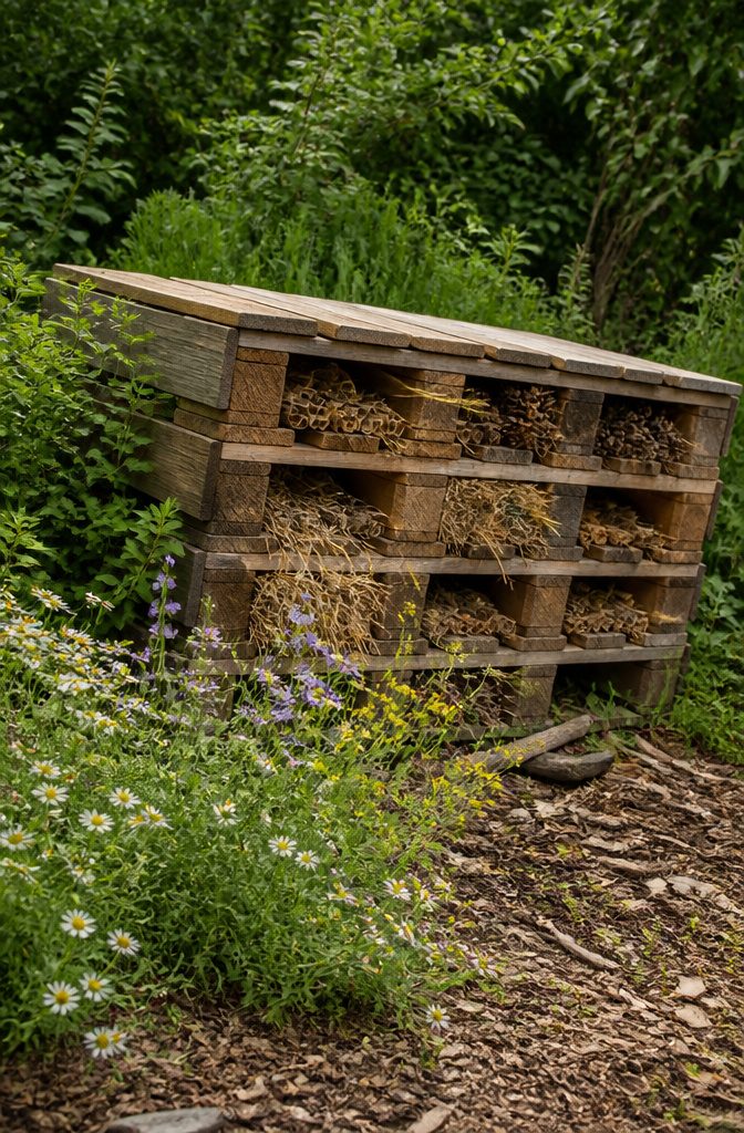 Wildlife Garden Project: 15 Practical Ideas for 2026 5 A bug hotel made from wooden pallets and filled with straw and bark.