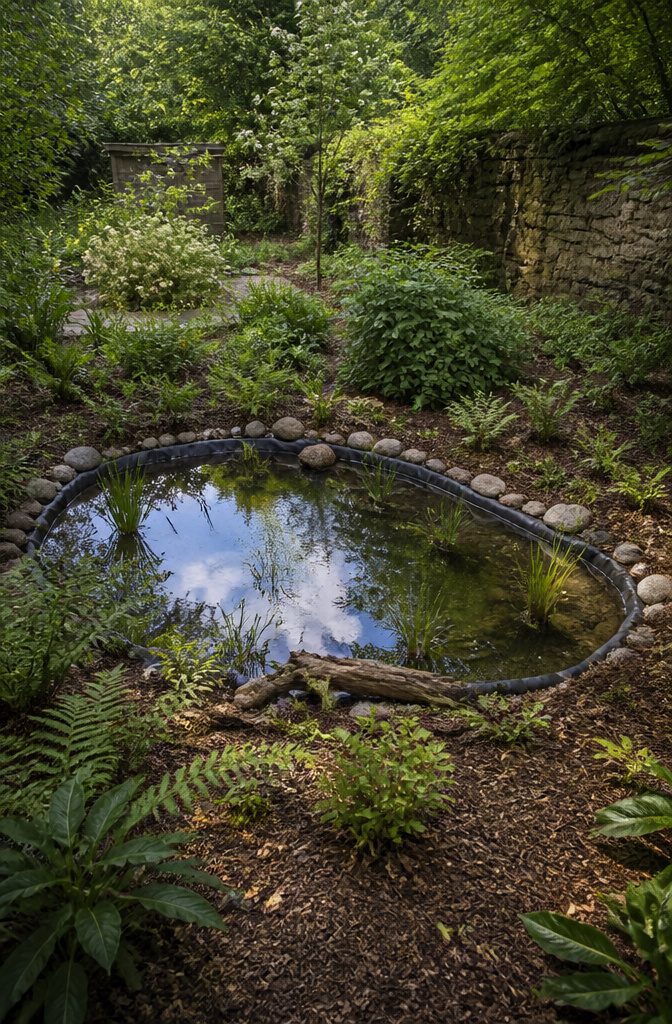 Wildlife Garden Project: 15 Practical Ideas for 2026 1 A wildlife pond with sloping edges, surrounded by plants and stones.