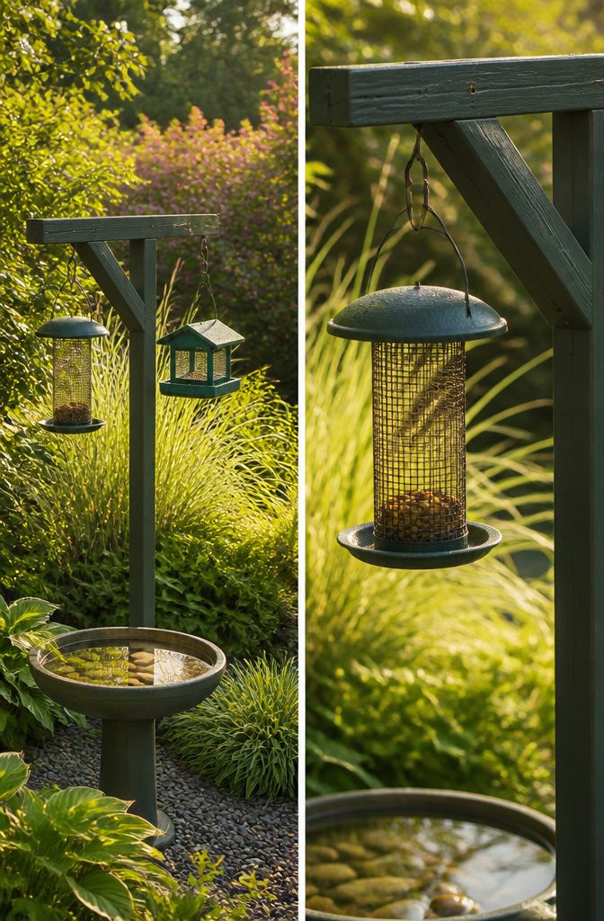 Wildlife Garden Project: 15 Practical Ideas for 2026 4 A bird feeder hanging on a branch, with nearby dense foliage.