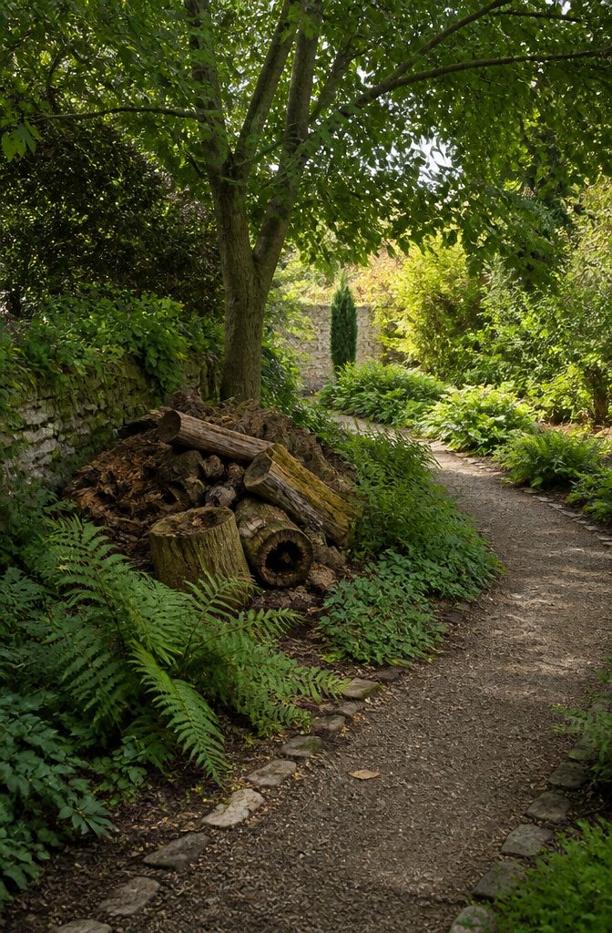 Wildlife Garden Project: 15 Practical Ideas for 2026 7 A stacked pile of logs in a shaded area of a garden.