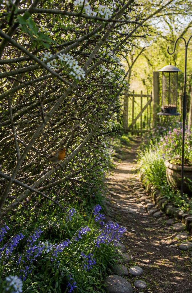 Wildlife Garden Project: 15 Practical Ideas for 2026 14 Thorny shrubs growing close to bird feeders in a garden.