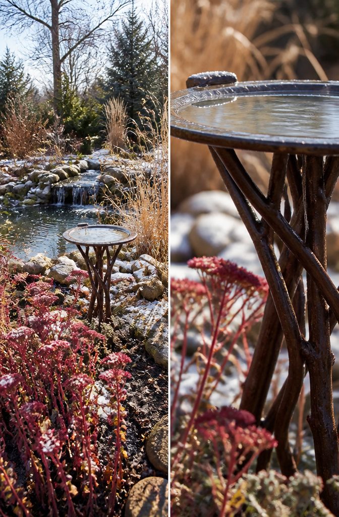 Wildlife Garden Project: 15 Practical Ideas for 2026 17 A heated bird bath set up in a garden during winter.