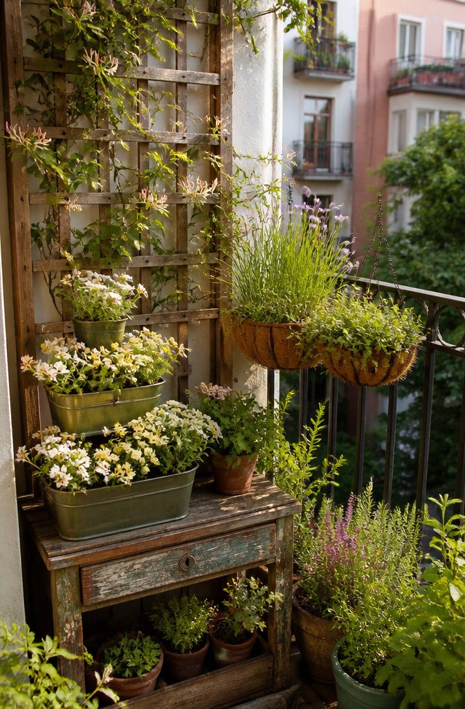 Wildlife Garden Project: 15 Practical Ideas for 2026 21 Container plants arranged on a balcony, including native flowers and vines.