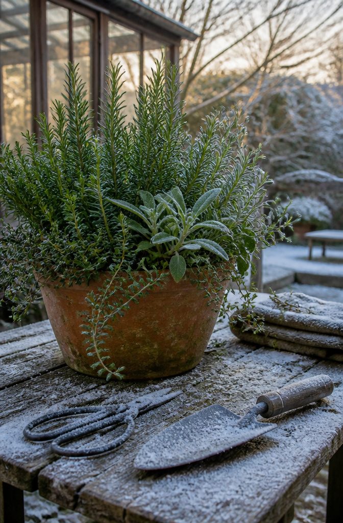 A container filled with cold-hardy herbs including rosemary and sage.