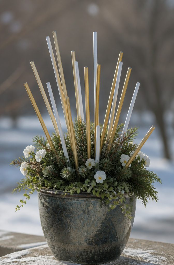 Spray-painted sticks arranged at angles in a winter container.