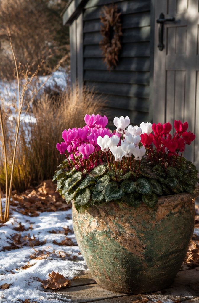 A container filled with colorful cyclamen flowers and patterned leaves.