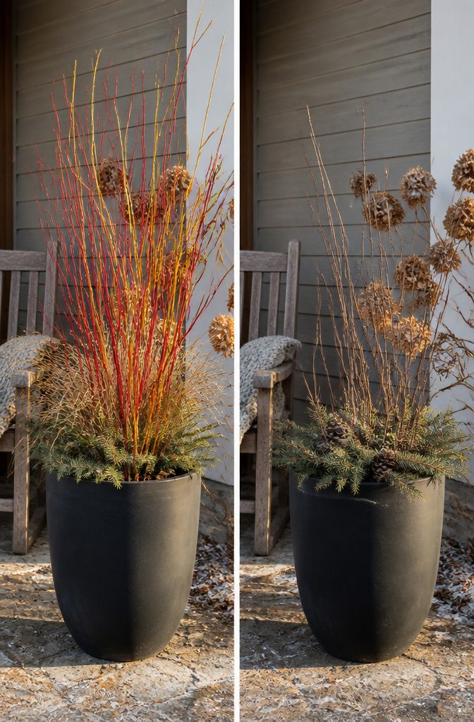 A container with colorful dogwood and willow twigs for height.