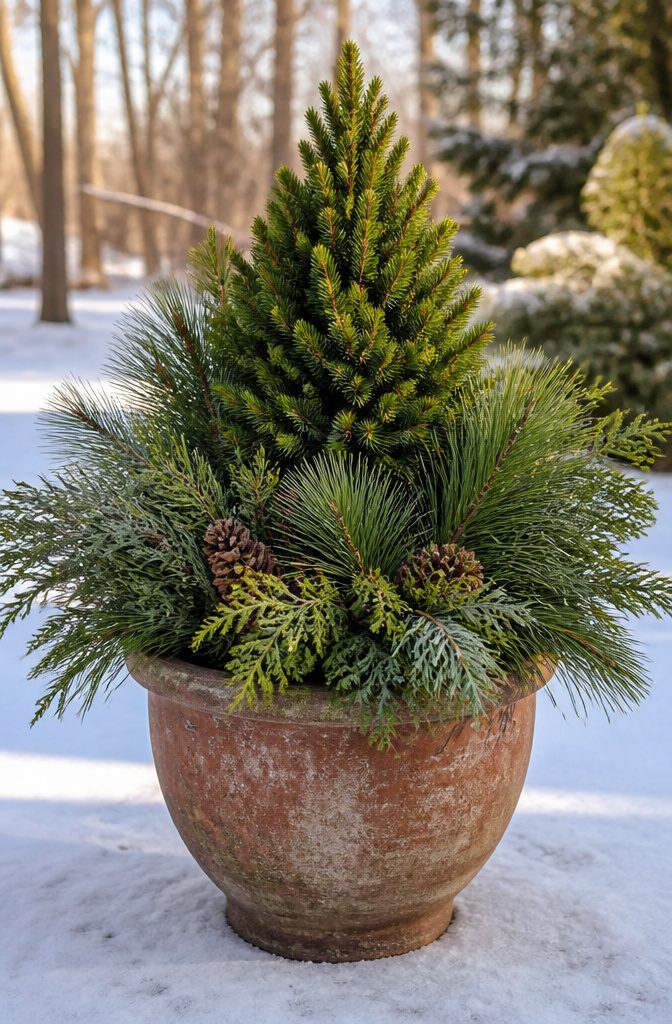 A container filled with mixed evergreen plants including pine and cedar.