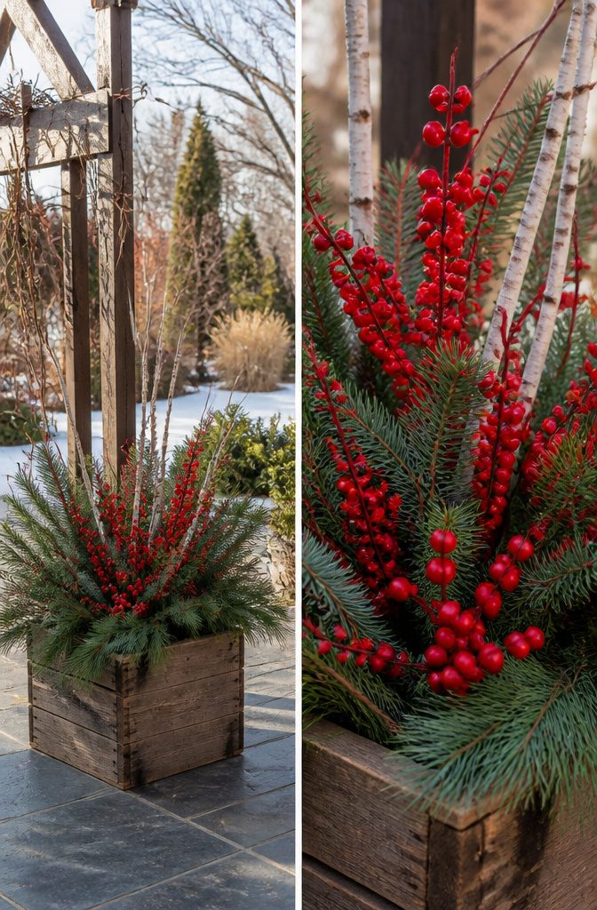 A container featuring faux berries and pinecones among evergreen branches.