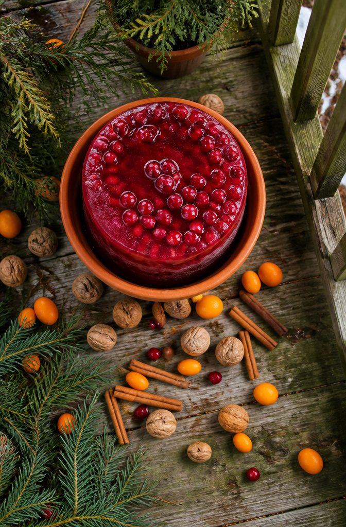 A container featuring grocery items like cranberries and artichokes frozen in ice.
