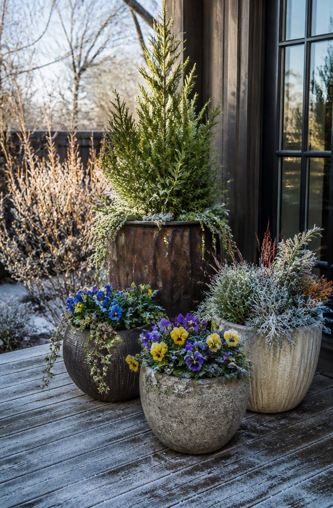 A cluster of winter containers arranged at different heights on a terrace.