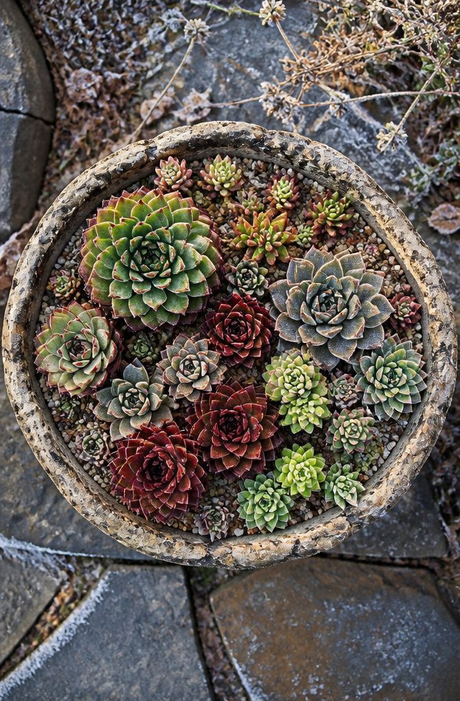 A container filled with hardy succulents like hens-and-chicks and stonecrop.