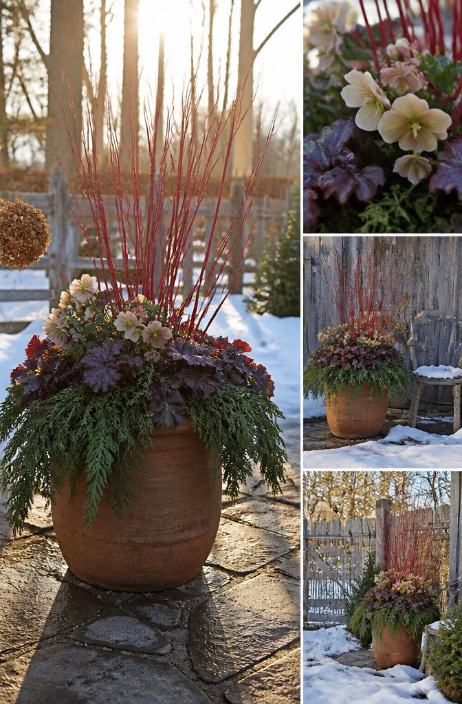 A container garden arranged in three distinct layers of plants.