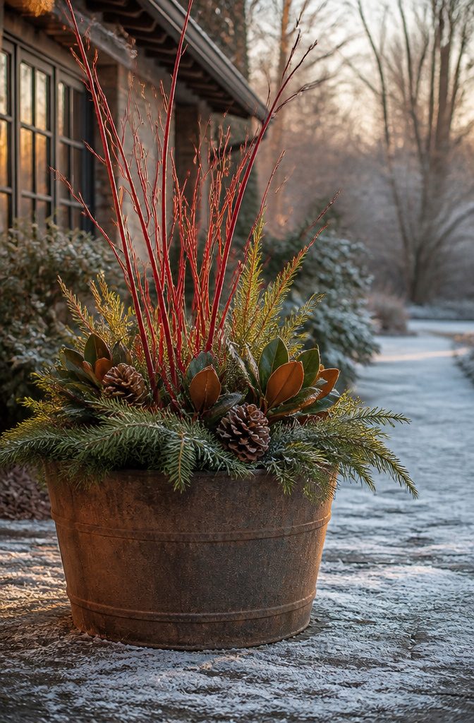A winter container featuring earthy tones with a single accent color.
