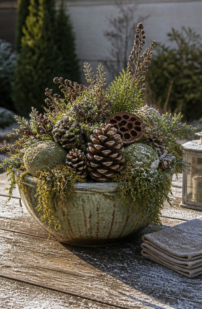 A container arrangement with natural materials including pinecones and moss.