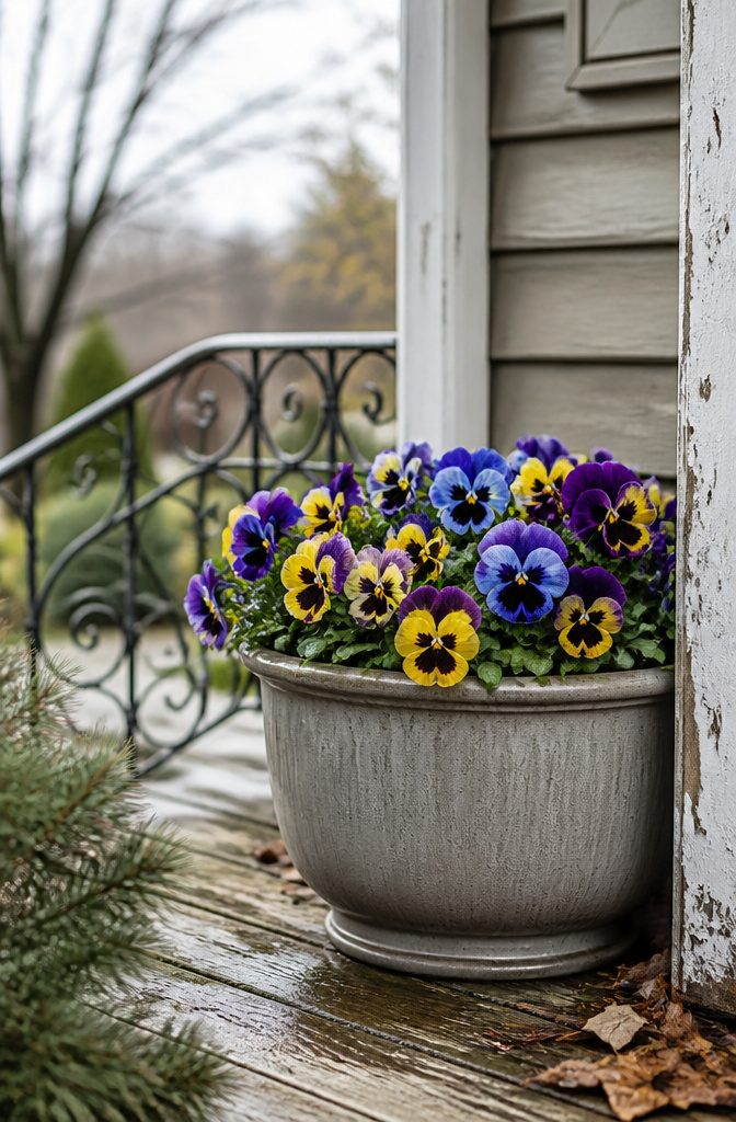 A container filled with colorful pansies and violas in various hues.