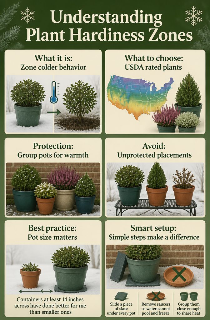 An infographic explaining plant hardiness zones for winter gardening.