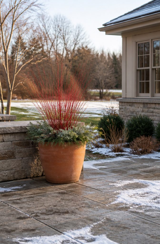 A container with red twig dogwood branches showcasing their coral-red color.