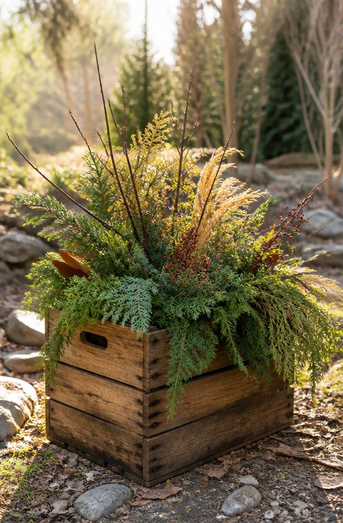Old wire baskets and wooden crates used as winter containers.